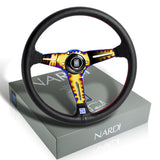 Nardi 88MM DEEP DISH 350MM/ 13.78" Black Leather with Red White Stitching Steering Wheel with Nardi Logo Horn Button 3 Spokes Neo Gold Blue Sty