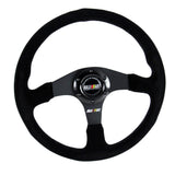 14" MITSUBISHI RALLIART Black Stitching Suede Sport Steering Wheel w Horn Button