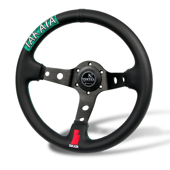 TAKATA 330mm Vertex Leather Deep Dish Steering Wheel New Green Stitches Embroidery