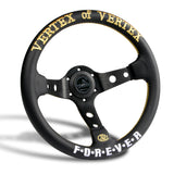 330mm Golden & White Embroidery Vertex Black Genuine Leather Steering Wheel "F.O.R.E.V.E.R" New