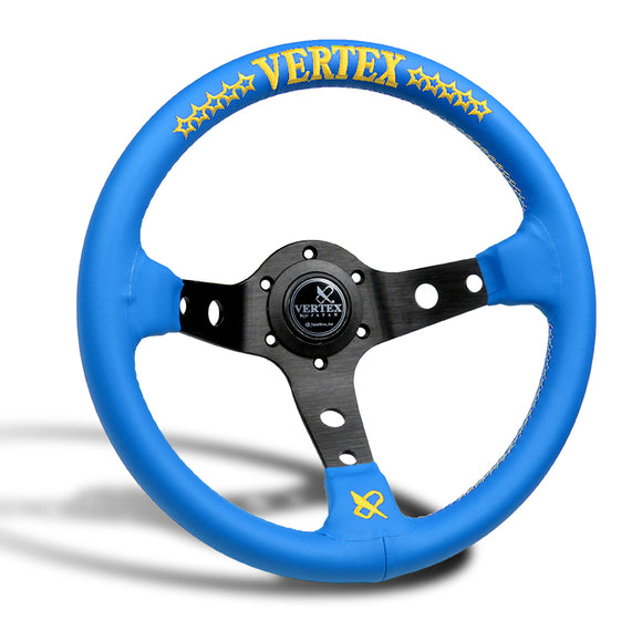 330mm Vertex Blue Genuine Leather Drift Steering Wheels with Yellow Embroidery