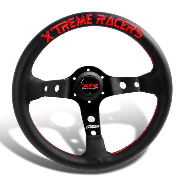 For XTREME RACERS Red Stitches 330mm Embroidery Leather Deep Dish Steering Wheel Horn Button Set