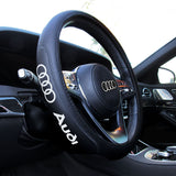 AUDI Set Black 15" Diameter Car Auto Steering Wheel Cover Quality Leather with Emblem Key Chain Ring BV Style Leather