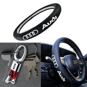 AUDI Set Black 15" Diameter Car Auto Steering Wheel Cover Quality Leather with Emblem Key Chain Ring BV Style Leather