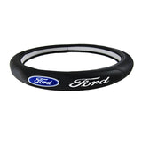 FORD RACING Set Black 15" Diameter Car Auto Steering Wheel Cover Quality Leather with FORD Center Console Armrest Cushion Mat Pad Cover