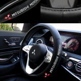 MITSUBISHI Set Black 15" Diameter Car Auto Steering Wheel Cover Quality Leather with Center Console Armrest Cushion Mat Pad Cover