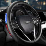 Ford Set Genuine Leather 15" Diameter Car Auto Steering Wheel Cover with Badge Logo Horn Button