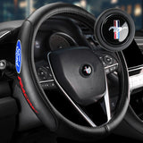 Ford Mustang Set Genuine Leather 15" Diameter Car Auto Steering Wheel Cover with Badge Logo Horn Button
