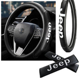 JEEP Set of Car 15" Steering Wheel Cover Quality Leather with Seat Belt Covers