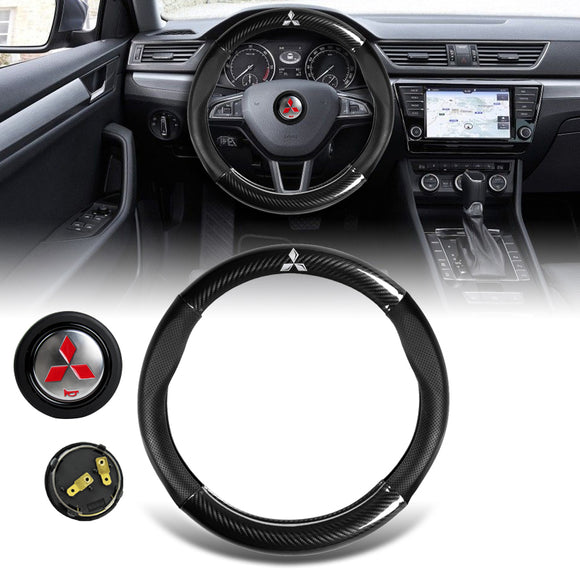 MITSUBISHI RALLIART Set Carbon Fiber Style Quality Leather Car Steering Wheel Cover with Badge Red Logo Horn Button