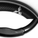 MITSUBISHI RALLIART Set Carbon Fiber Style Quality Leather Car Steering Wheel Cover with Badge Red Logo Horn Button