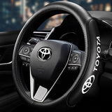 Toyota BLACK Set Genuine Leather 15" Diameter Car Auto Steering Wheel Cover with Steering Wheel Emblem