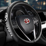 Toyota Set Genuine Leather Black 15" Diameter Car Auto Steering Wheel Cover with Red Steering Wheel Emblem