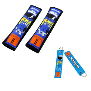 JDM Spoon Sports Type One Set Black & Blue Soft Cotton Embroidery Seat Belt Cover Shoulder Pads with Keychains