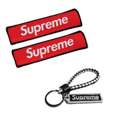 Black Supreme3M Set Embroidered Logo Seat Belt Covers with Metal Pendant with Calf Leather Keychain For Honda Toyota