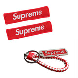 Supreme3M Red Set Embroidered Logo Seat Belt Covers with Metal Pendant with Calf Leather Keychain For Honda Toyota