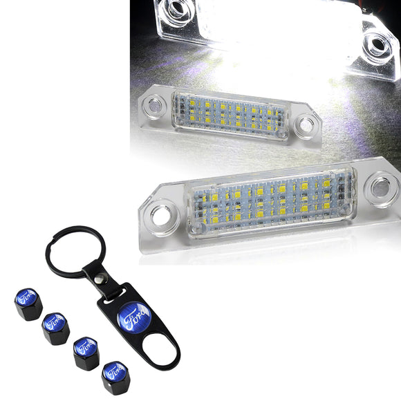 For Ford Set of Xenon White LED 6000K License Plate Lights with Wheel Tire Valves Dust Stem Air Caps