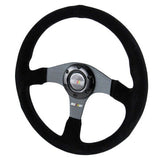 14" MITSUBISHI RALLIART Black Stitching Suede Sport Steering Wheel w Horn Button