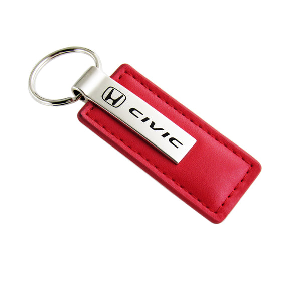 For Honda CIVIC RED Leather Chrome Key Fob Keyring Rectangle Keychain Lanyard