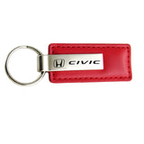 For Honda CIVIC RED Leather Chrome Key Fob Keyring Rectangle Keychain Lanyard