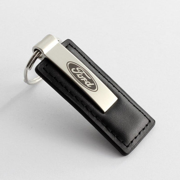 Ford Logo Authentic Black Leather Chrome Key Fob Keyring Keychain Tag Lanyard