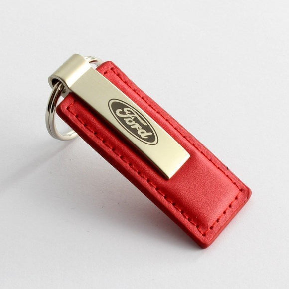 Ford Logo Authentic Red Leather Chrome Key Fob Keyring Keychain Tag Lanyard