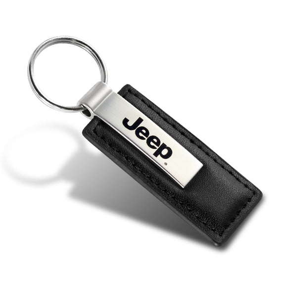 Jeep Logo Black Leather Chrome Key Fob Keyring Rectangle Keychain Lanyard Tag