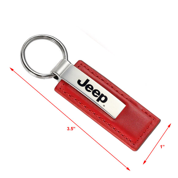 Jeep Logo Red Leather Chrome Key Fob Keyring Rectangle Keychain Lanyard Tag