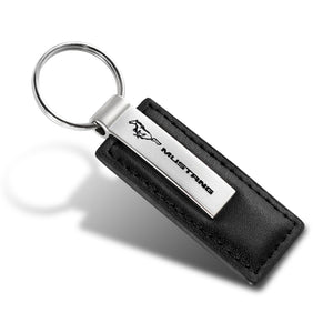Ford Mustang Black Leather Authentic Chrome Key Fob Keyring Keychain Lanyard Tag