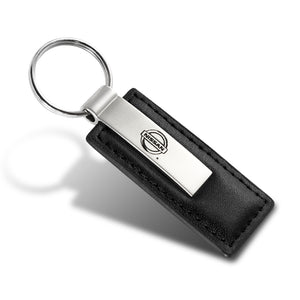 For Nissan Black Leather Authentic Chrome Key Fob Keyring Keychain Lanyard Tag