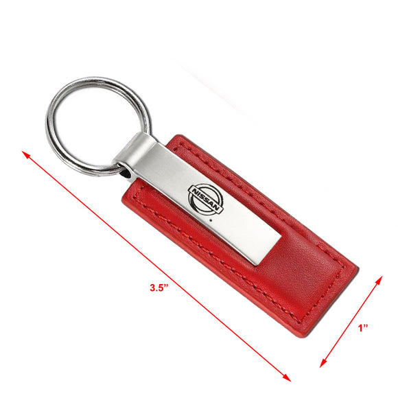 For Nissan Red Leather Authentic Chrome Key Fob Keyring Keychain Lanyard Tag