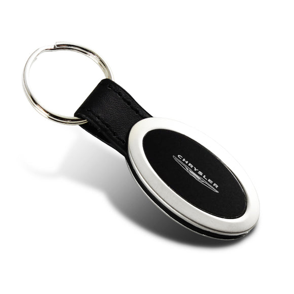 Chrysler Logo Black Oval Leather Chrome Key Fob Keyring Tag Keychain Lanyard