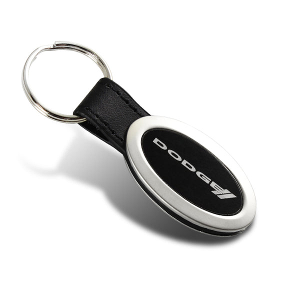 Dodge Stripe Black Oval Leather Chrome Key Fob Key Ring Tag Keychain Lanyard