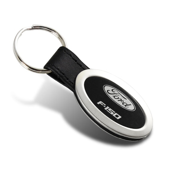 FORD F150 Authentic Black Oval Leather Chrome Key Fob Key ring Keychain Lanyard