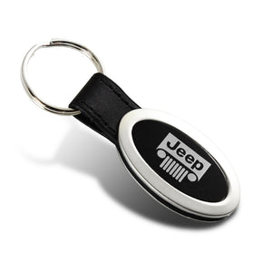 Jeep Grill Logo Black Oval Leather Chrome Key Fob Key ring Keychain Lanyard