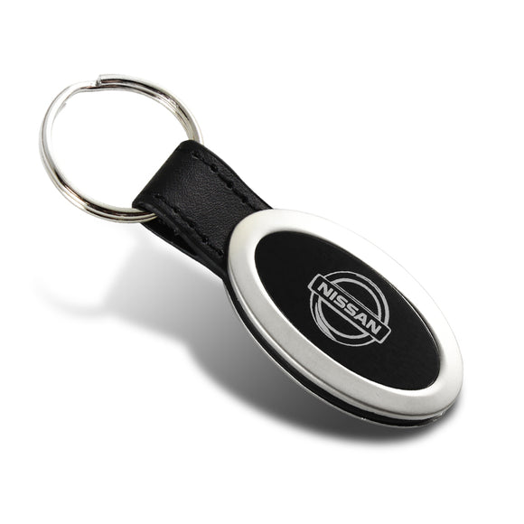 For Nissan Logo Black Oval Leather Chrome Key Fob Key ring Keychain Lanyard
