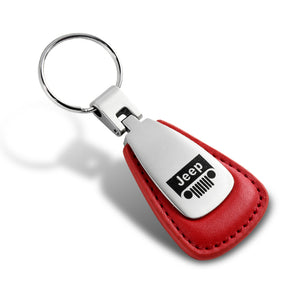 JEEP Logo Tear Drop Authentic Red Leather Key Fob Keyring Keychain Tag