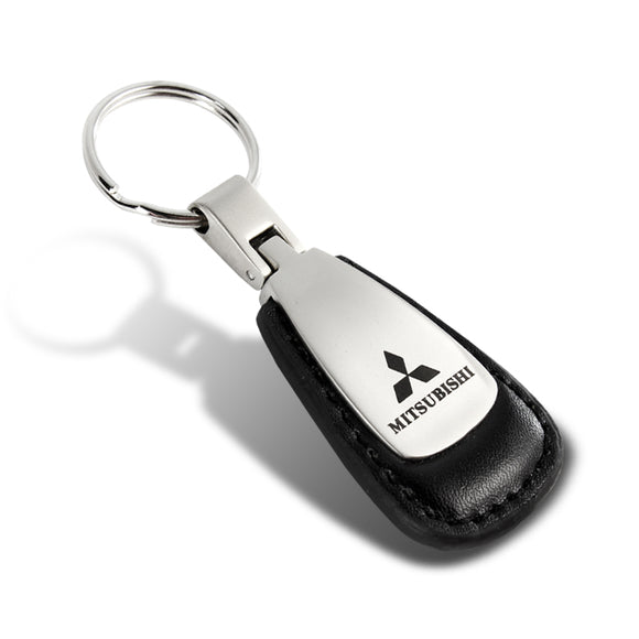Mitsubishi Logo Tear Drop Authentic Black Leather Key Fob Keyring Keychain Tag