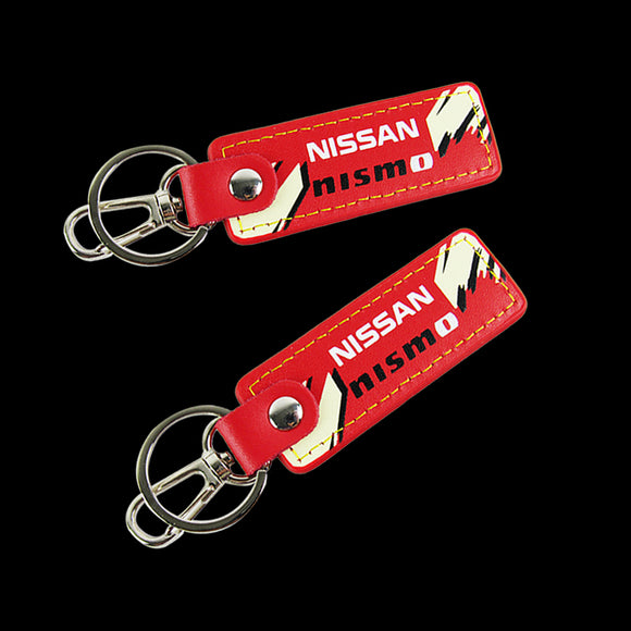 NISSAN NISMO JDM 2 pc Red Leather Rectangle Key Fob Keyring Keychain Tag Lanyard Holder Clip New