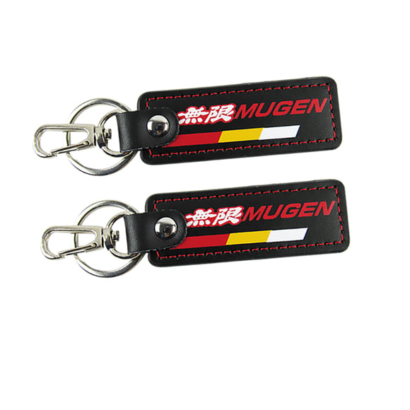 JDM MUGEN POWER SPORTS Honda 2 pc Black Leather Rectangle Key Fob Keyring Keychain Tag Lanyard Holder Clip New