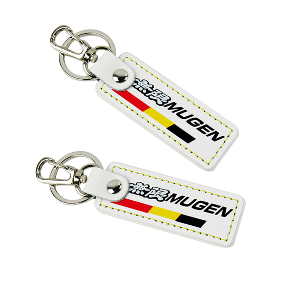 JDM MUGEN POWER SPORTS Honda 2 pc White Leather Rectangle Key Fob Keyring Keychain Tag Lanyard Holder Clip New