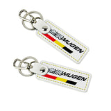 JDM MUGEN POWER SPORTS Honda 2 pc White Leather Rectangle Key Fob Keyring Keychain Tag Lanyard Holder Clip New