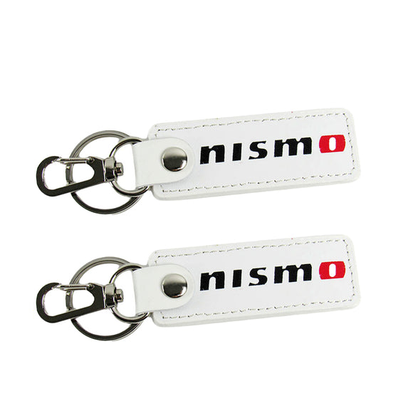 NISSAN NISMO 2 pc White Leather Rectangle Key Fob Keyring Keychain Tag Lanyard Holder Clip New