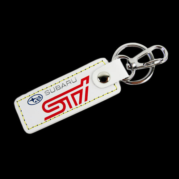 STi Impreza WRX STI BRZ Forester Crosstrek Legacy Outback 1 pc White Leather Rectangle Key Fob Keyring Keychain Tag Lanyard Holder Clip New