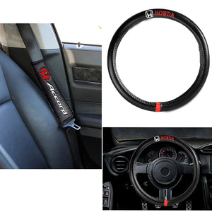 Honda Accord Set of Car 15" Steering Wheel Cover Carbon Fiber Style Leather with Seat Belt Covers