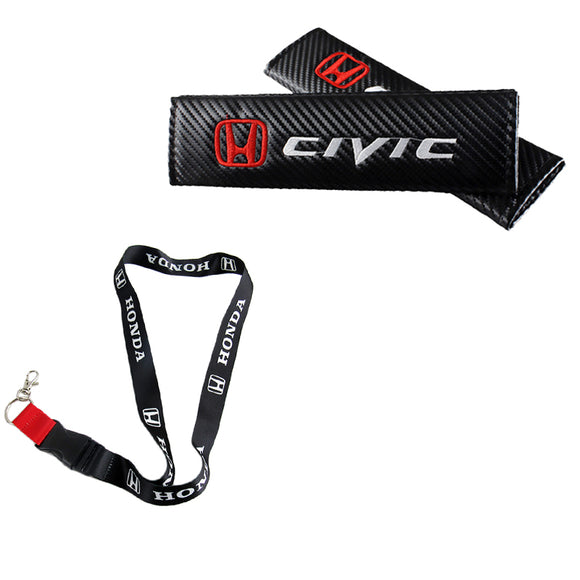 Honda Civic Set Black Carbon Fiber Look Seat Belt Cover X2 with Honda Black Keychain Lanyard