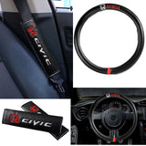 Honda CIVIC Set of Car 15" Steering Wheel Cover Carbon Fiber Style Leather with Seat Belt Covers