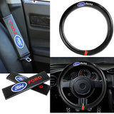 Ford Set of Car 15" Steering Wheel Cover Carbon Fiber Style Leather Ford Racing with Seat Belt Covers