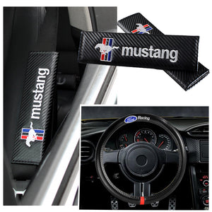 Ford Mustang Set of Car 15" Steering Wheel Cover Carbon Fiber Style Leather Ford Racing with Seat Belt Covers