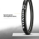 Honda Set Genuine Leather Black 15" Diameter Car Auto Steering Wheel Cover with STEERING EMBLEM BADGE